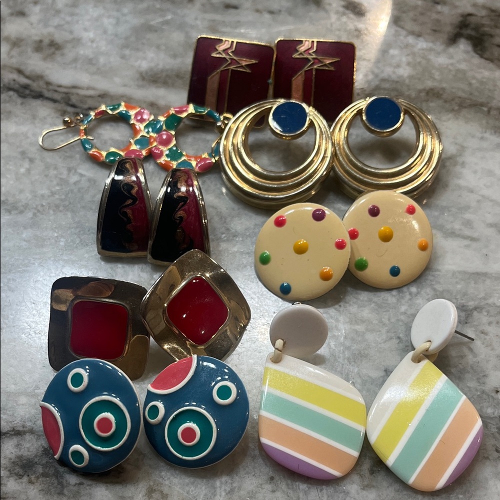 Assorted Vintage Colorful Clip & Post Earrings - Multicolor